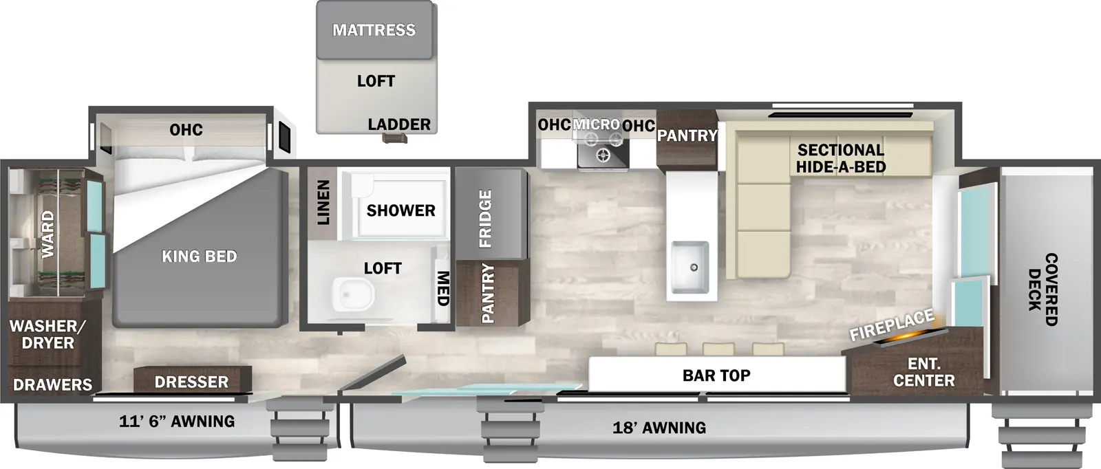 The Cedar Creek Cottage 40CFD has two entries and two slide outs. Exterior features include: fiberglass exterior and 11'6" & 18' awning. Interiors features include: loft, rear bedroom and front living.